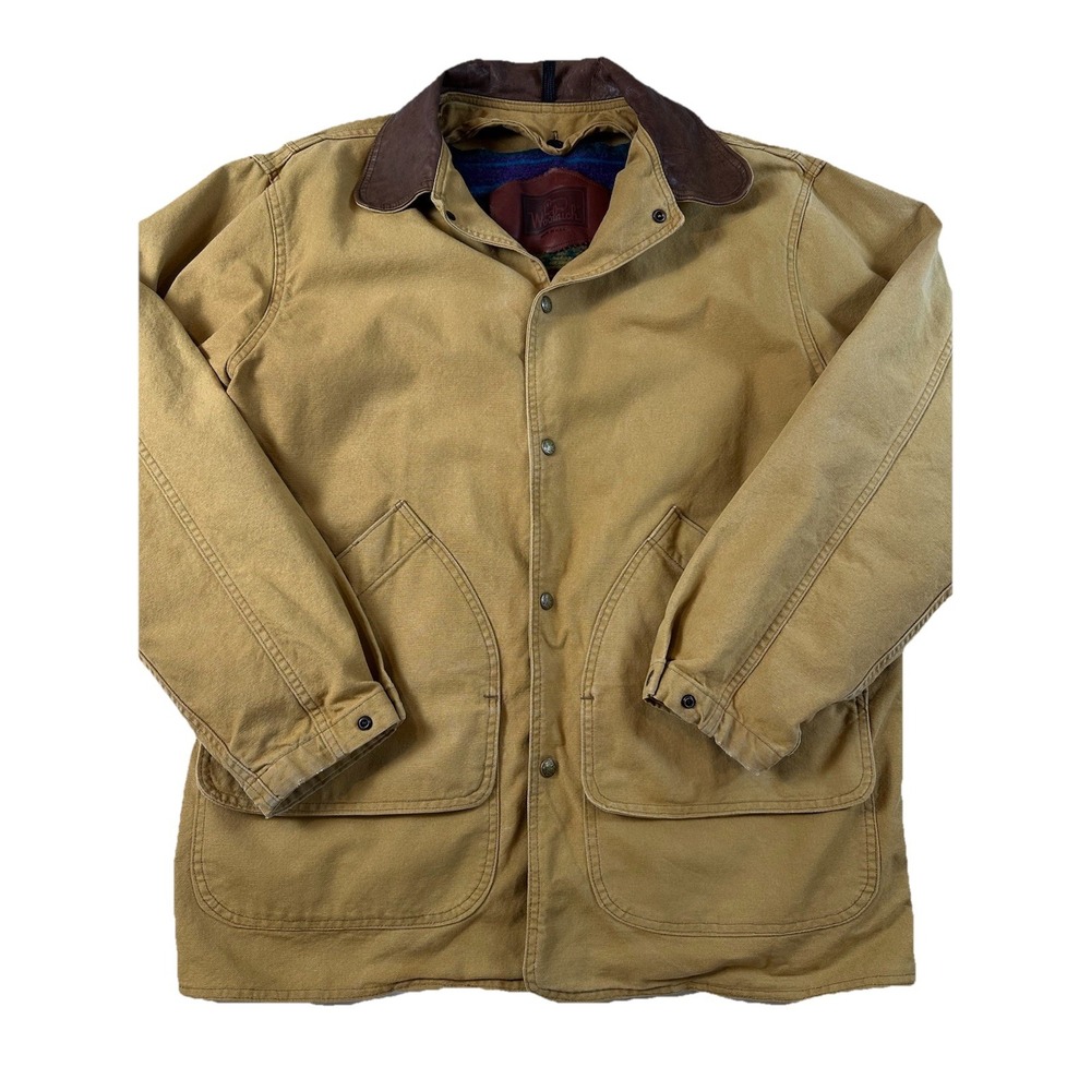 VTG Woolrich Chore Barn Coat Med/L Aztec Wool Blanket-Lined Leather Collar Snap - Picture 2 of 7